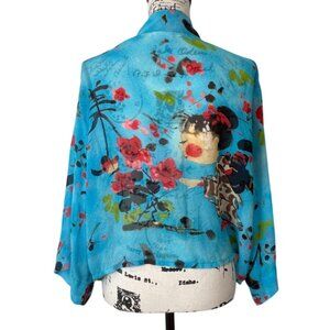 Chicos Women Size M Silk Top Button- Up Geisha Girl Floral Asian Kimono Blue Vtg